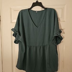 Green V-neck Blouse with Flutter Sleeves and Ruffled Details